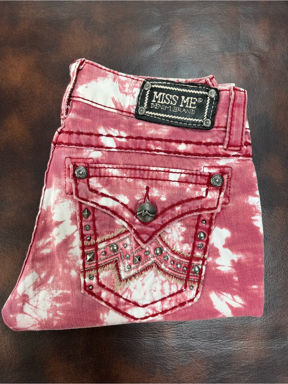 Miss Me Women’s Tie-Dye Skinny Jeans Distressed Red/White Western EUC 26 X 31